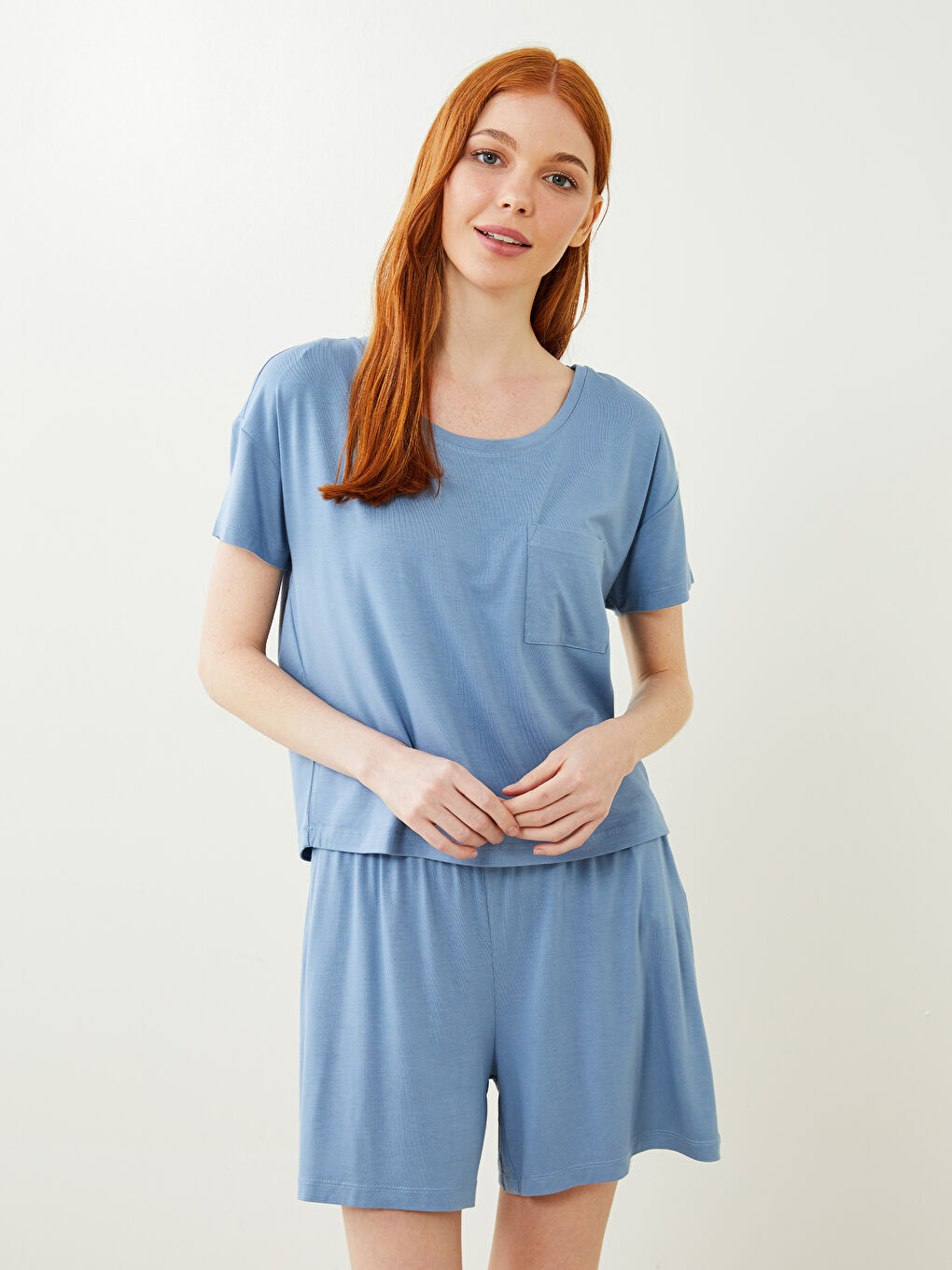 Petite Crew Neck Plain Short Sleeve Women's Pyjama Set-1