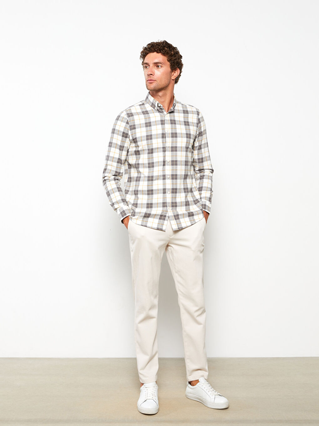 Gri Regular Fit Uzun Kollu Ekose Gabardin Erkek Gömlek-1