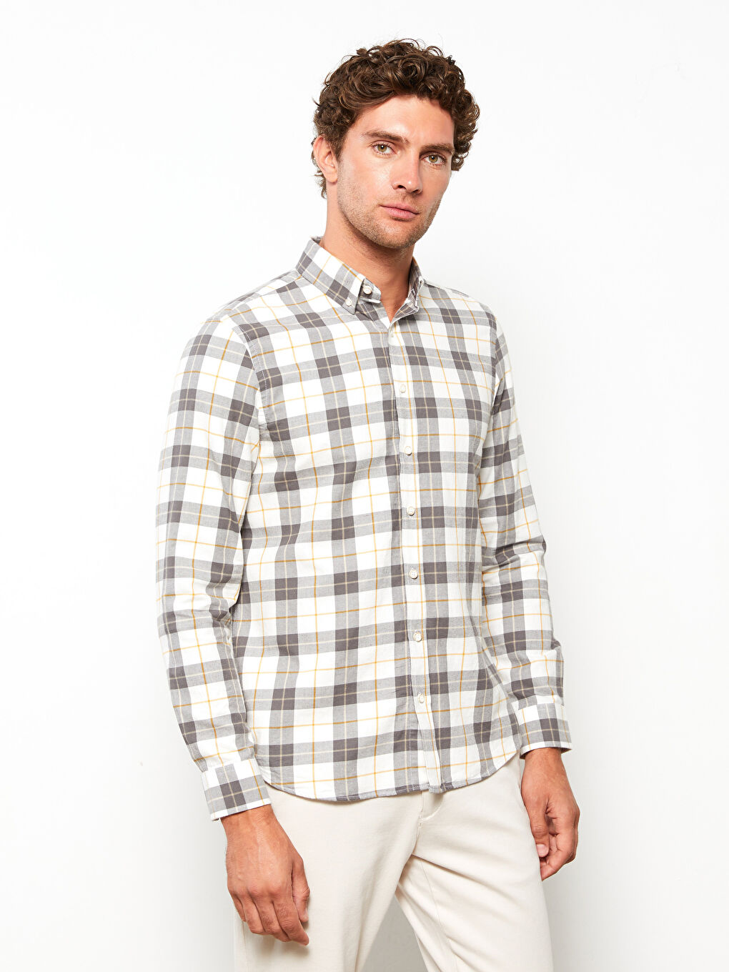 Gri Regular Fit Uzun Kollu Ekose Gabardin Erkek Gömlek-2