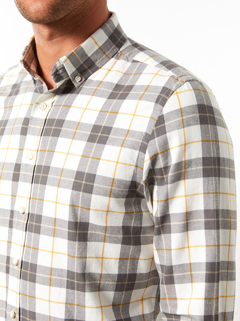 Gri Regular Fit Uzun Kollu Ekose Gabardin Erkek Gömlek-3