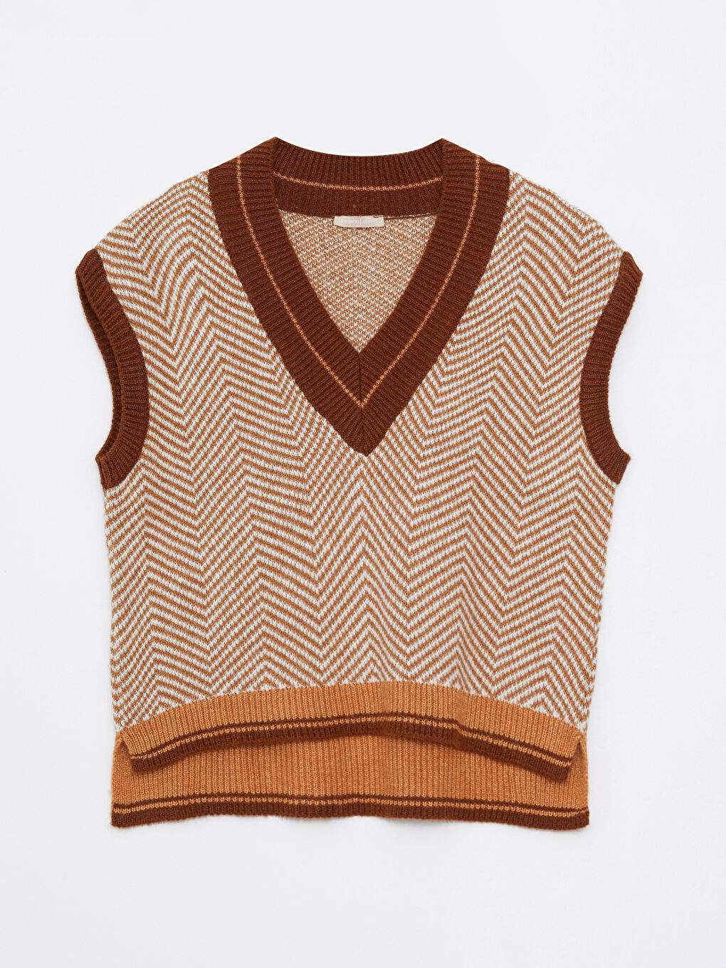 Bej V Yaka Desenli Kadın Triko Süveter-5