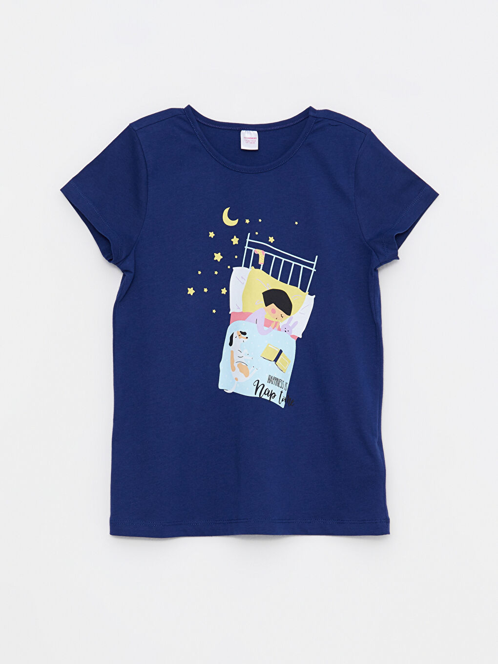 Lacivert Bisiklet Yaka Baskılı Kısa Kollu Kız Çocuk Pijama Takımı-1