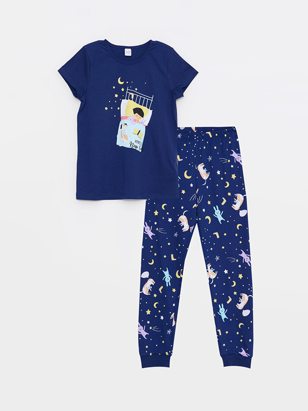 Lacivert Bisiklet Yaka Baskılı Kısa Kollu Kız Çocuk Pijama Takımı