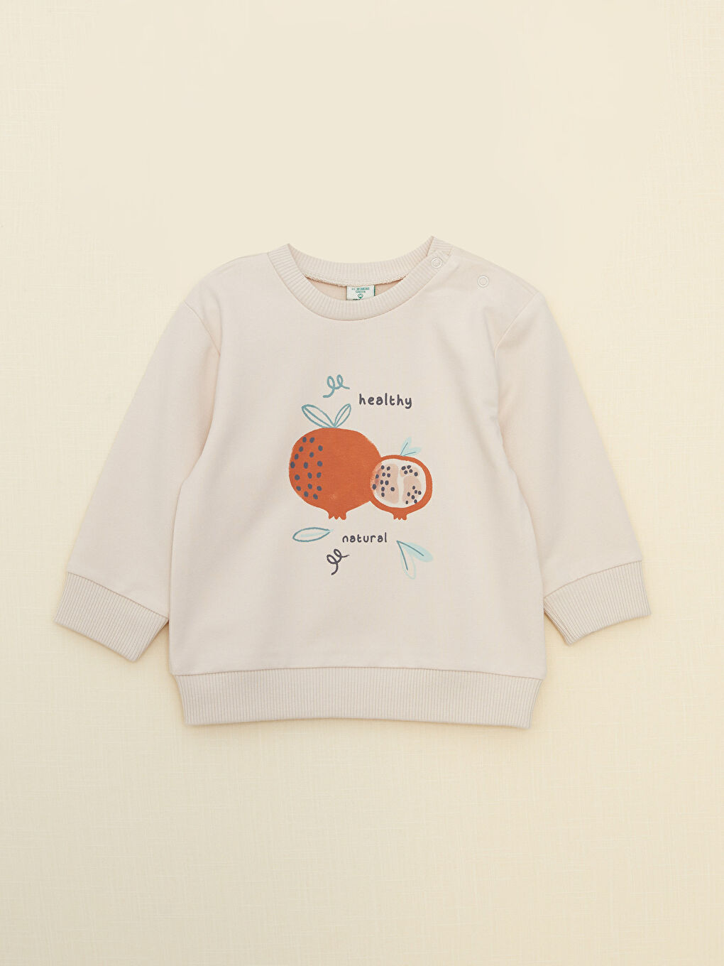 Bej Bisiklet Yaka Uzun Kollu Baskılı Organik Pamuklu Erkek Bebek Sweatshirt ve Pantolon 2'li Takım-1