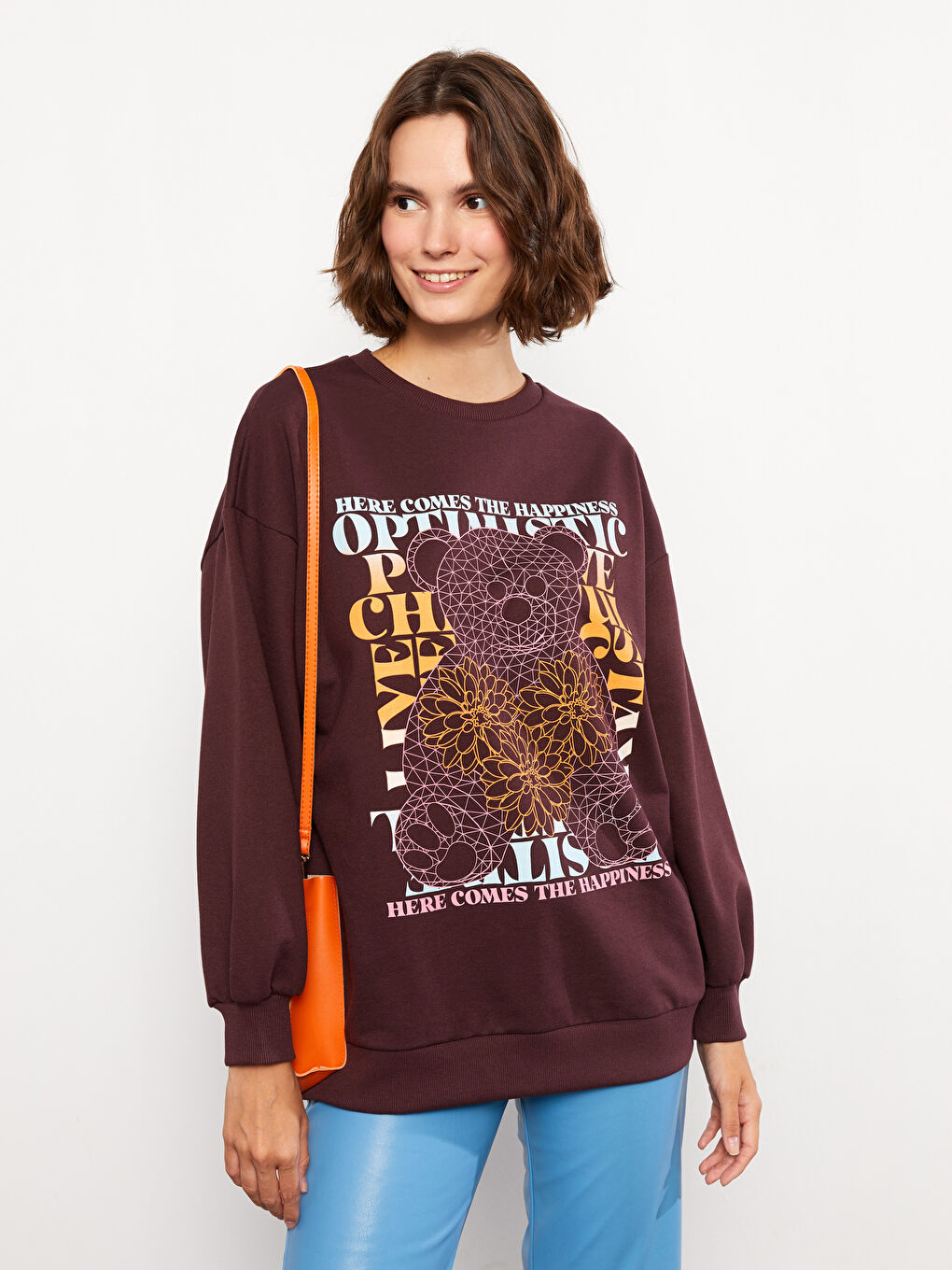 Mürdüm Bisiklet Yaka Baskılı Uzun Kollu Kadın Sweatshirt