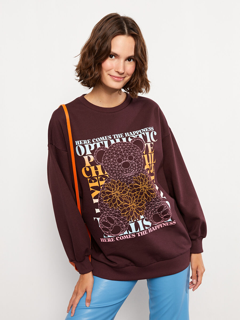 Mürdüm Bisiklet Yaka Baskılı Uzun Kollu Kadın Sweatshirt-1