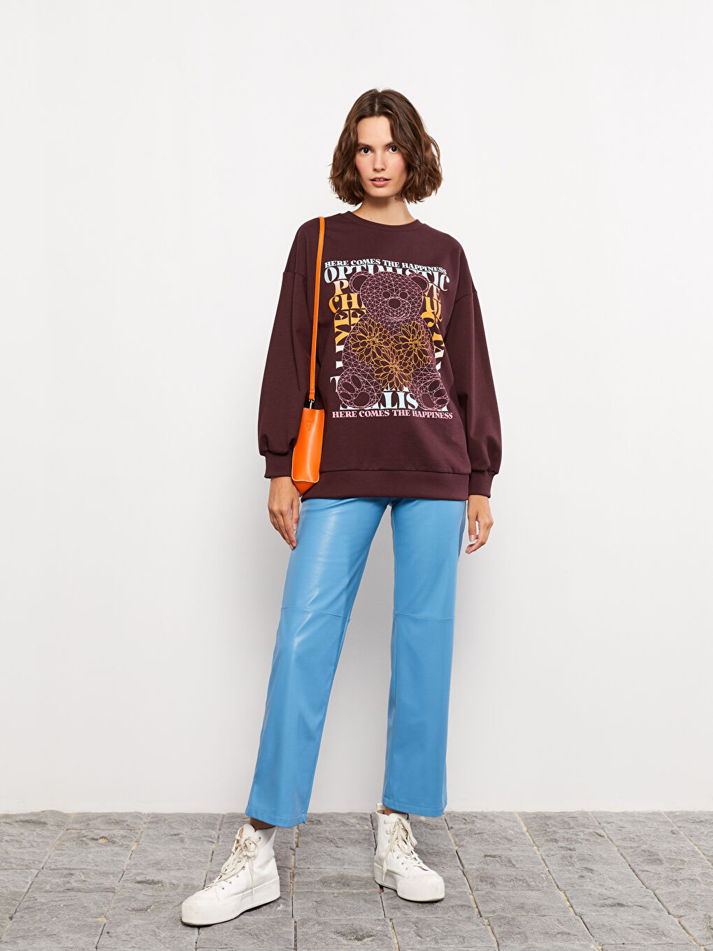 Mürdüm Bisiklet Yaka Baskılı Uzun Kollu Kadın Sweatshirt-2