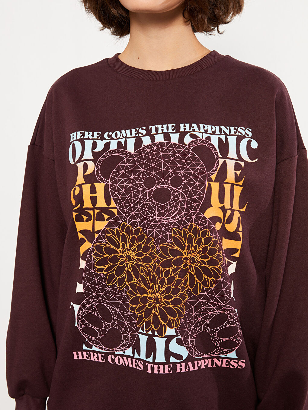 Mürdüm Bisiklet Yaka Baskılı Uzun Kollu Kadın Sweatshirt-3