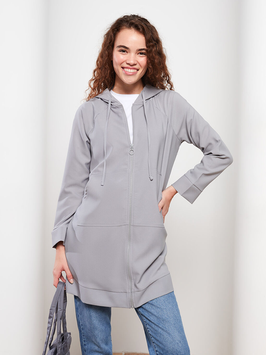 Gri Kapüşonlu Düz Uzun Kollu Oversize Kadın Tunik