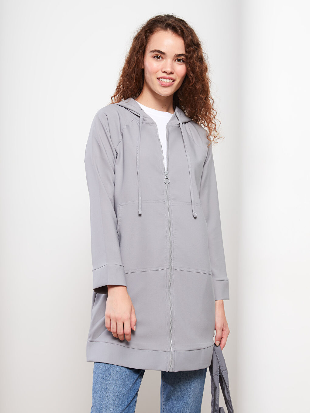 Gri Kapüşonlu Düz Uzun Kollu Oversize Kadın Tunik-1