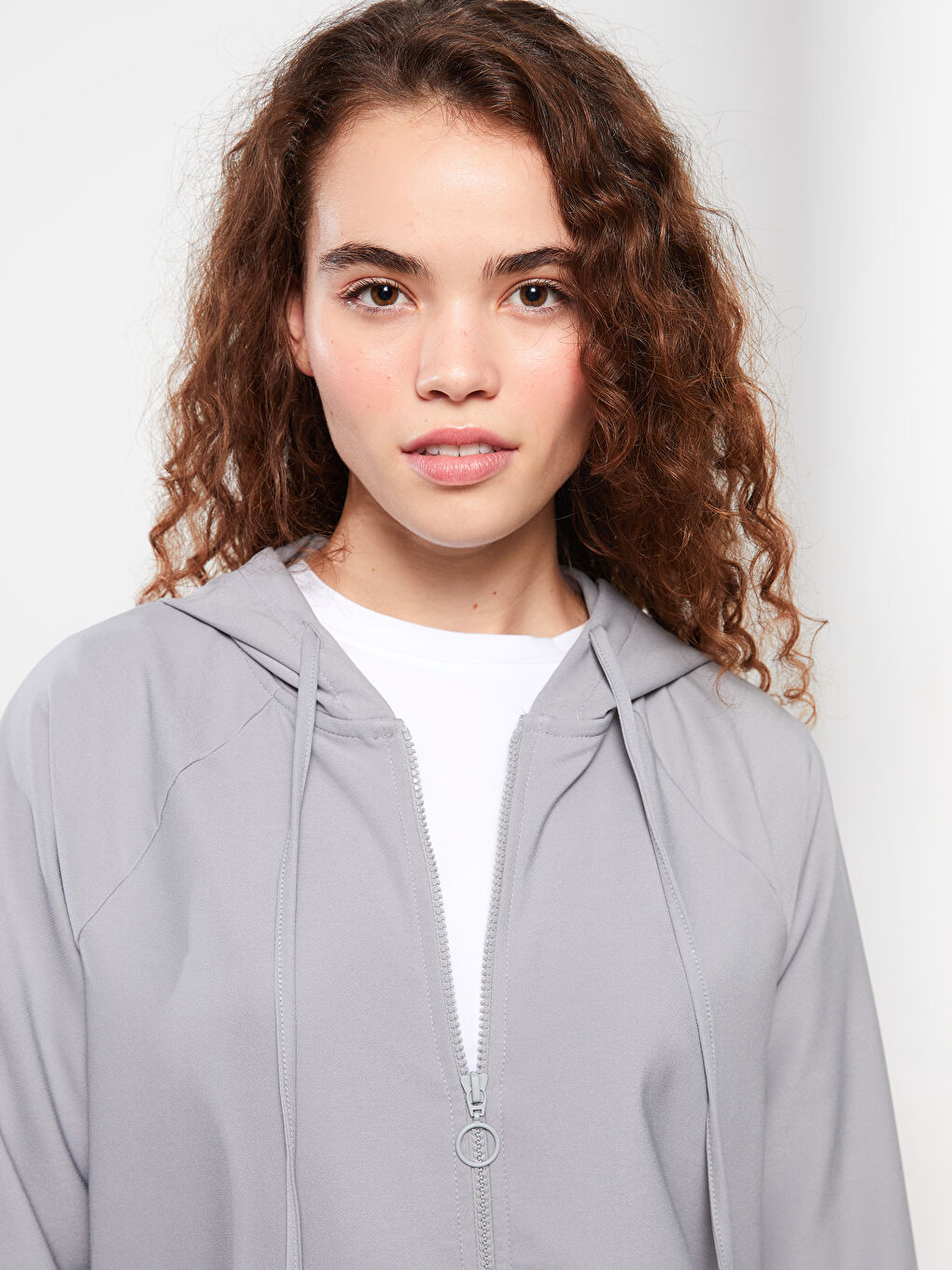 Gri Kapüşonlu Düz Uzun Kollu Oversize Kadın Tunik-2