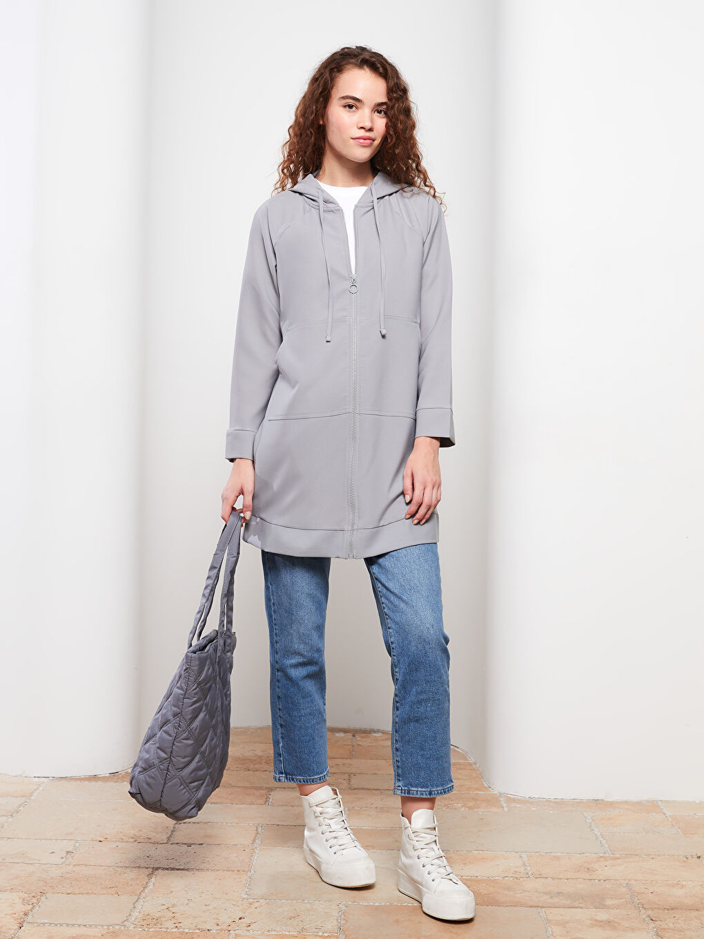 Gri Kapüşonlu Düz Uzun Kollu Oversize Kadın Tunik-3