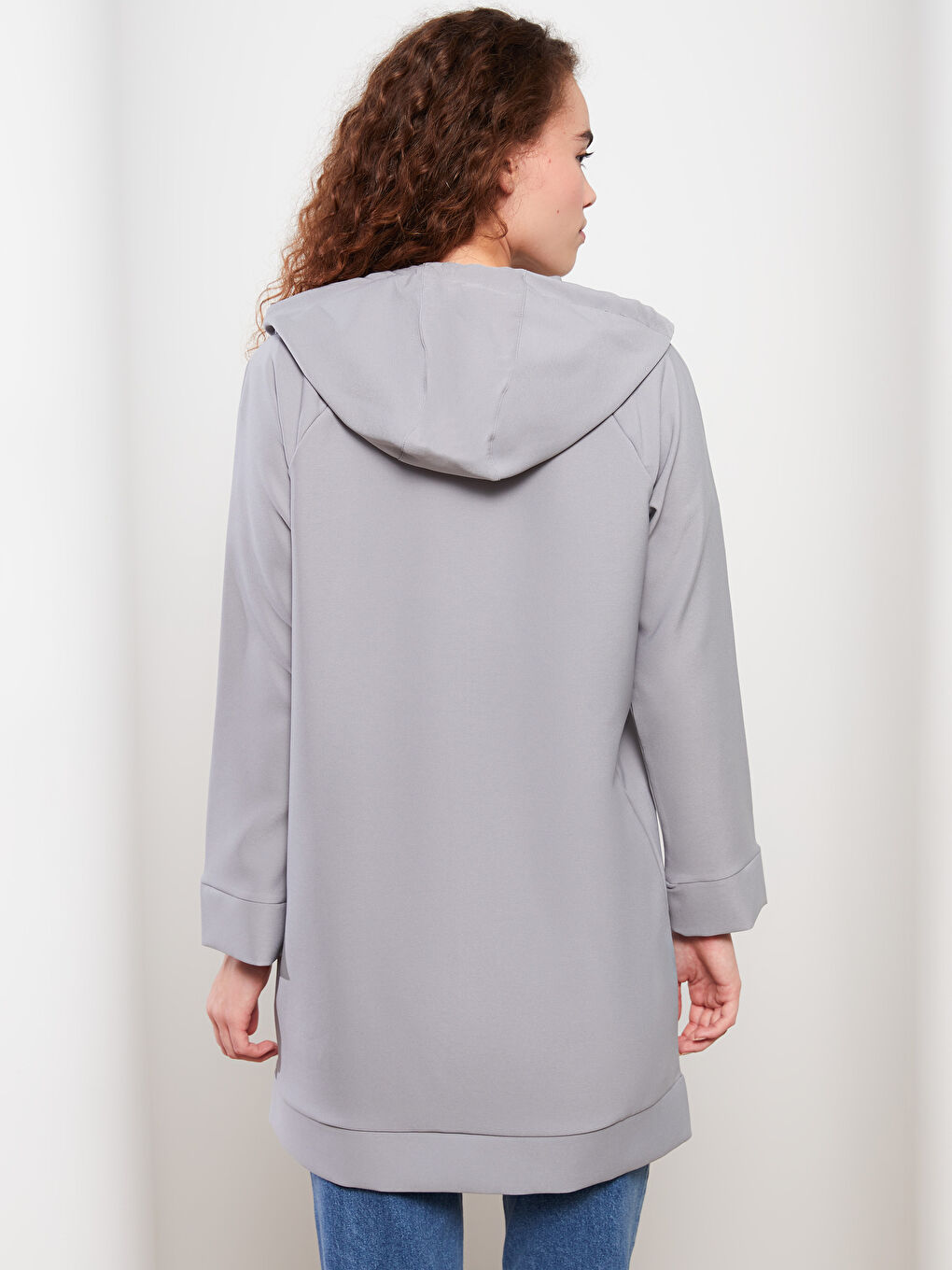 Gri Kapüşonlu Düz Uzun Kollu Oversize Kadın Tunik-5