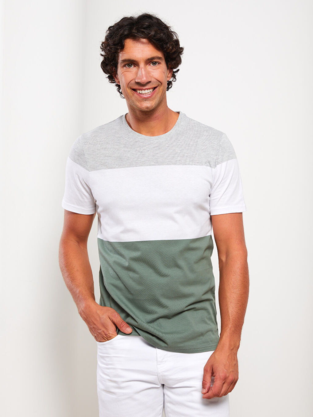 Yeşil Bisiklet Yaka Kısa Kollu Renk Bloklu Penye Erkek Tişört-1