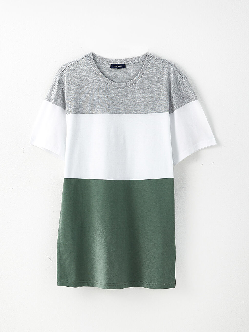 Yeşil Bisiklet Yaka Kısa Kollu Renk Bloklu Penye Erkek Tişört-5