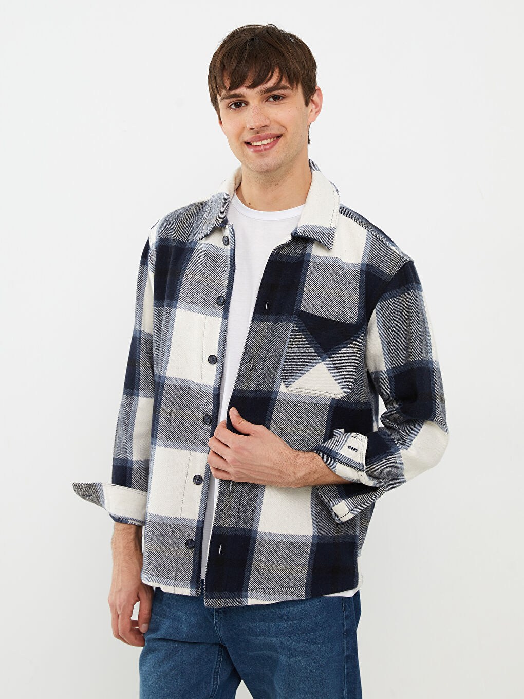 Lacivert Standart Kalıp Ceket Yaka Ekose Erkek Mont-2