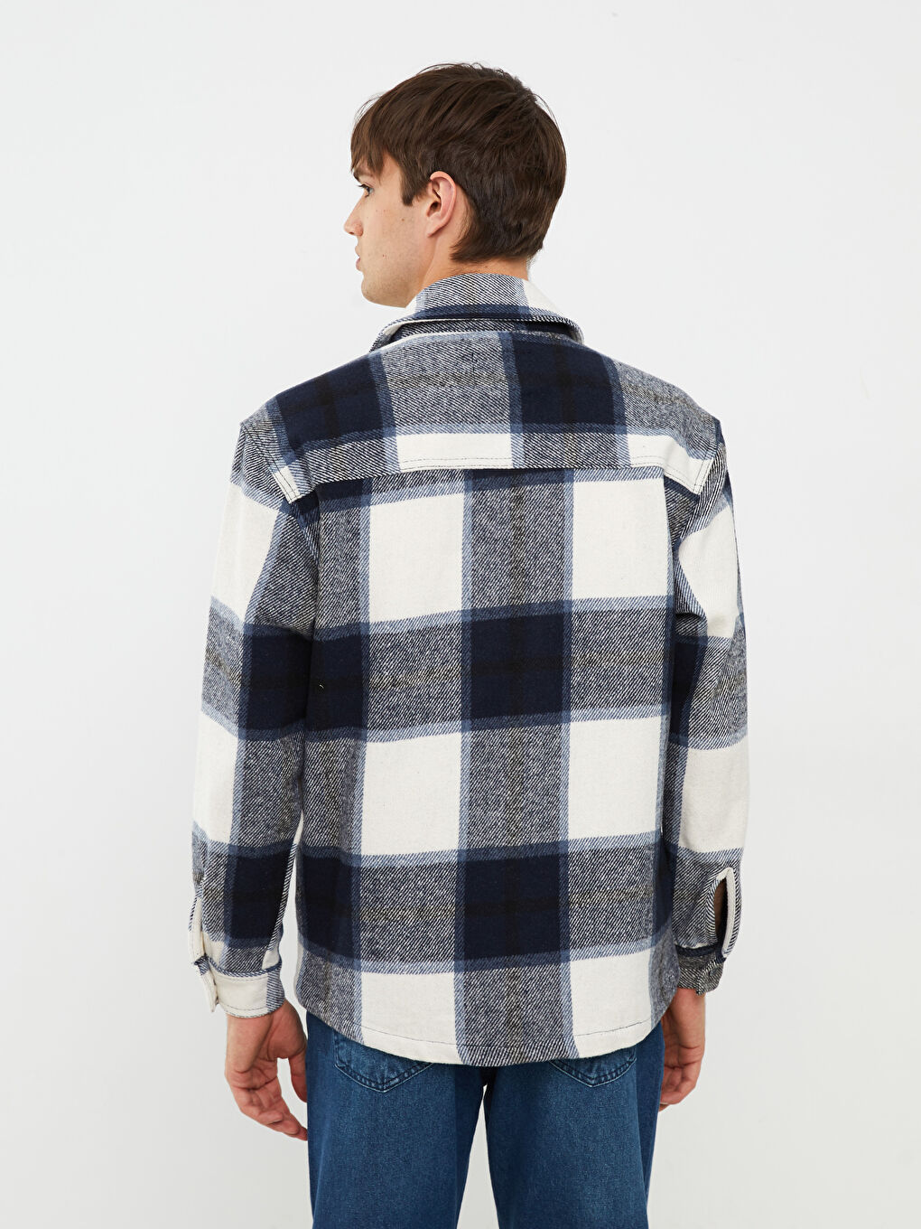 Lacivert Standart Kalıp Ceket Yaka Ekose Erkek Mont-4