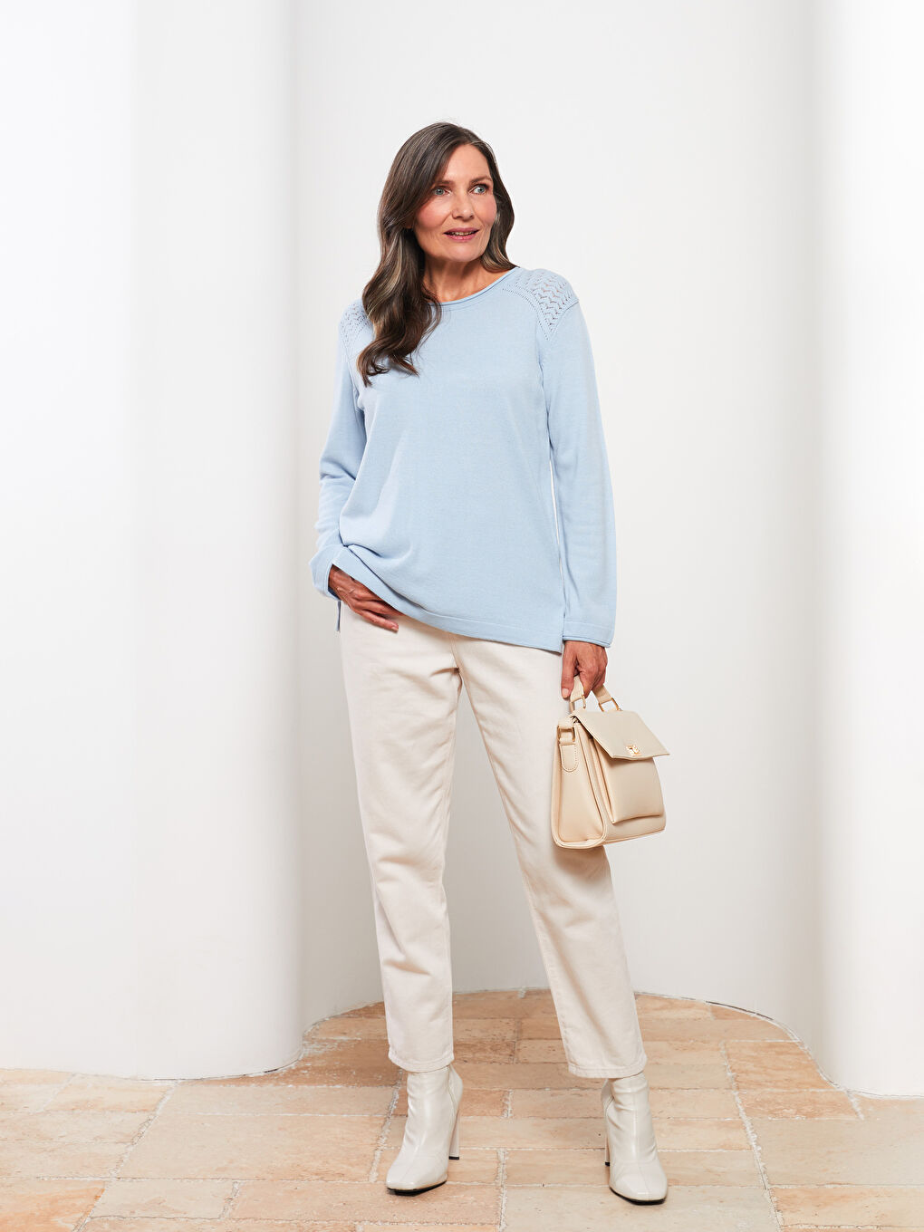 Mavi Bisiklet Yaka Kendinden Desenli Uzun Kollu Kadın Triko Kazak