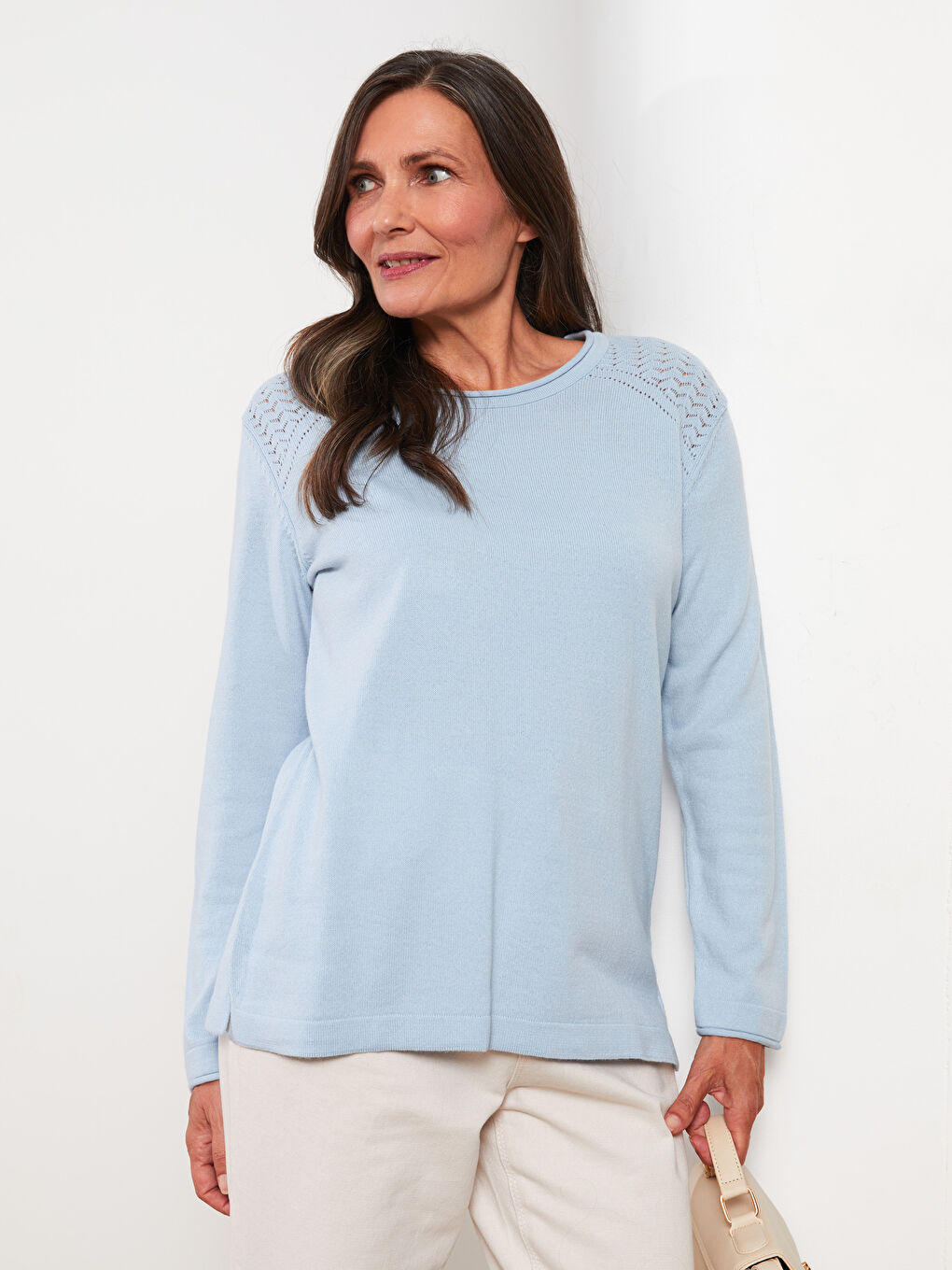 Mavi Bisiklet Yaka Kendinden Desenli Uzun Kollu Kadın Triko Kazak-1