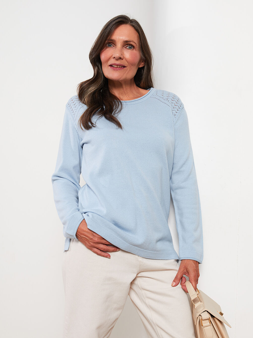 Mavi Bisiklet Yaka Kendinden Desenli Uzun Kollu Kadın Triko Kazak-2