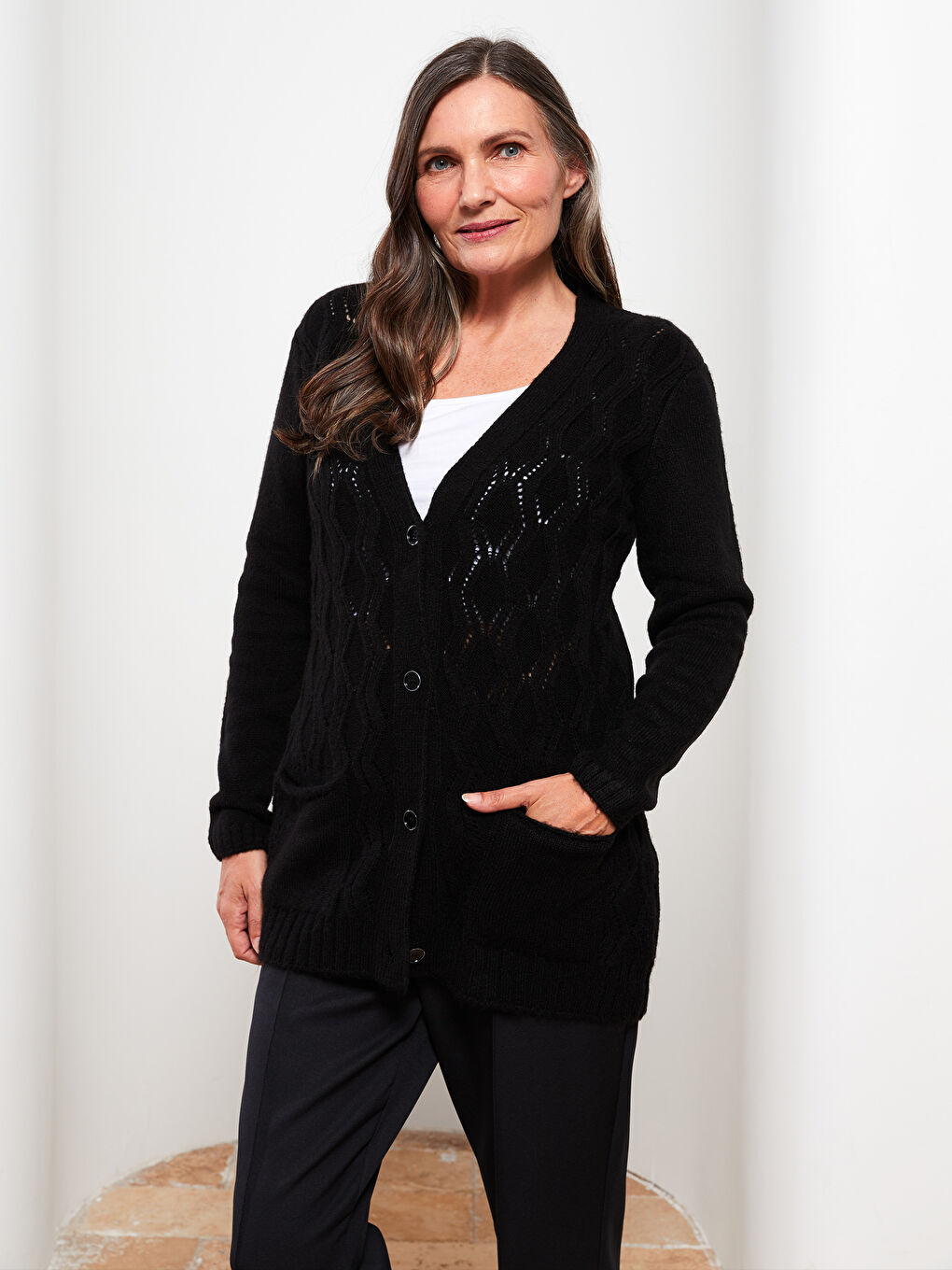 V-Neck Self Patterned Long Sleeve Women's Knitwear Cardigan