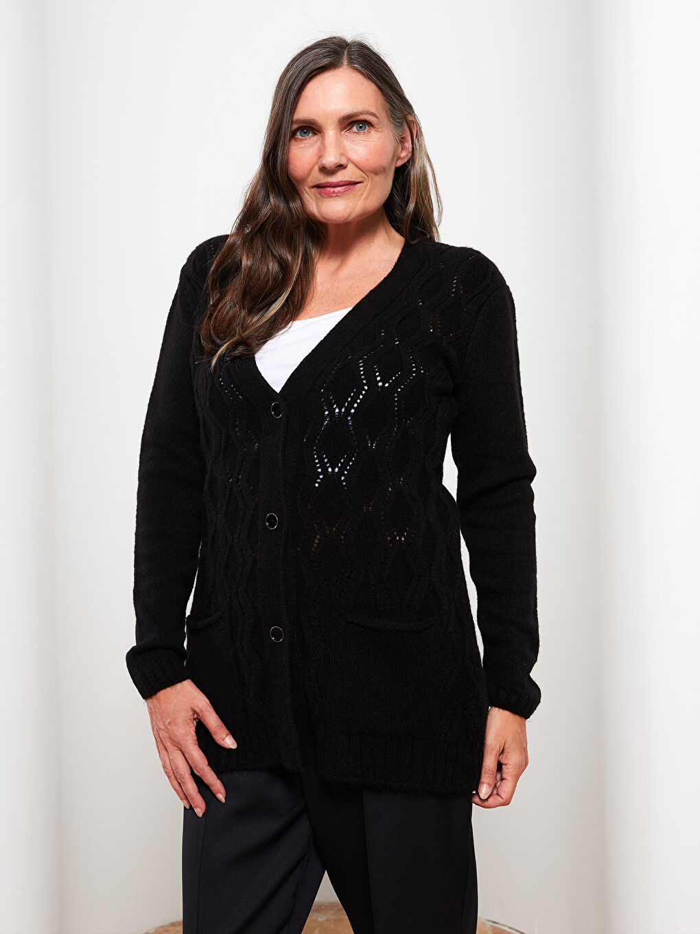 V-Neck Self Patterned Long Sleeve Women's Knitwear Cardigan-1