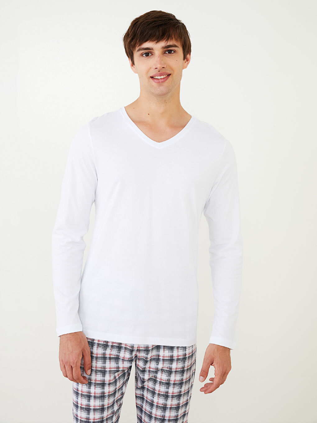 Beyaz V Yaka Uzun Kollu Erkek Atlet-1