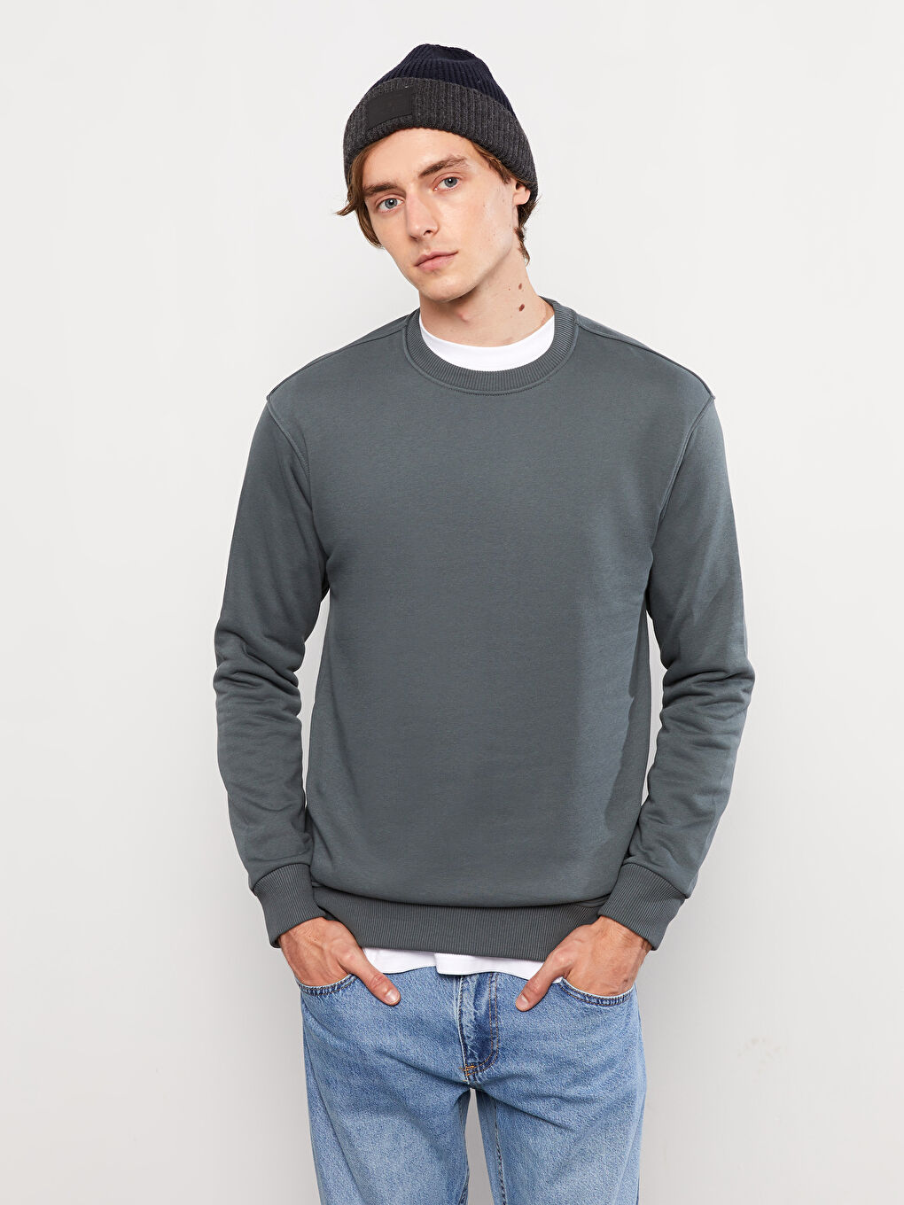 LCW Casual Haki Bisiklet Yaka Uzun Kollu Erkek Kalın Sweatshirt