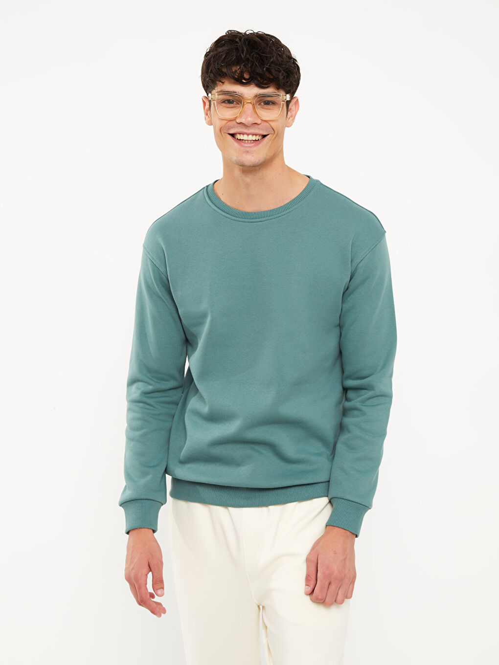 Yeşil Bisiklet Yaka Uzun Kollu Erkek Kalın Sweatshirt-1