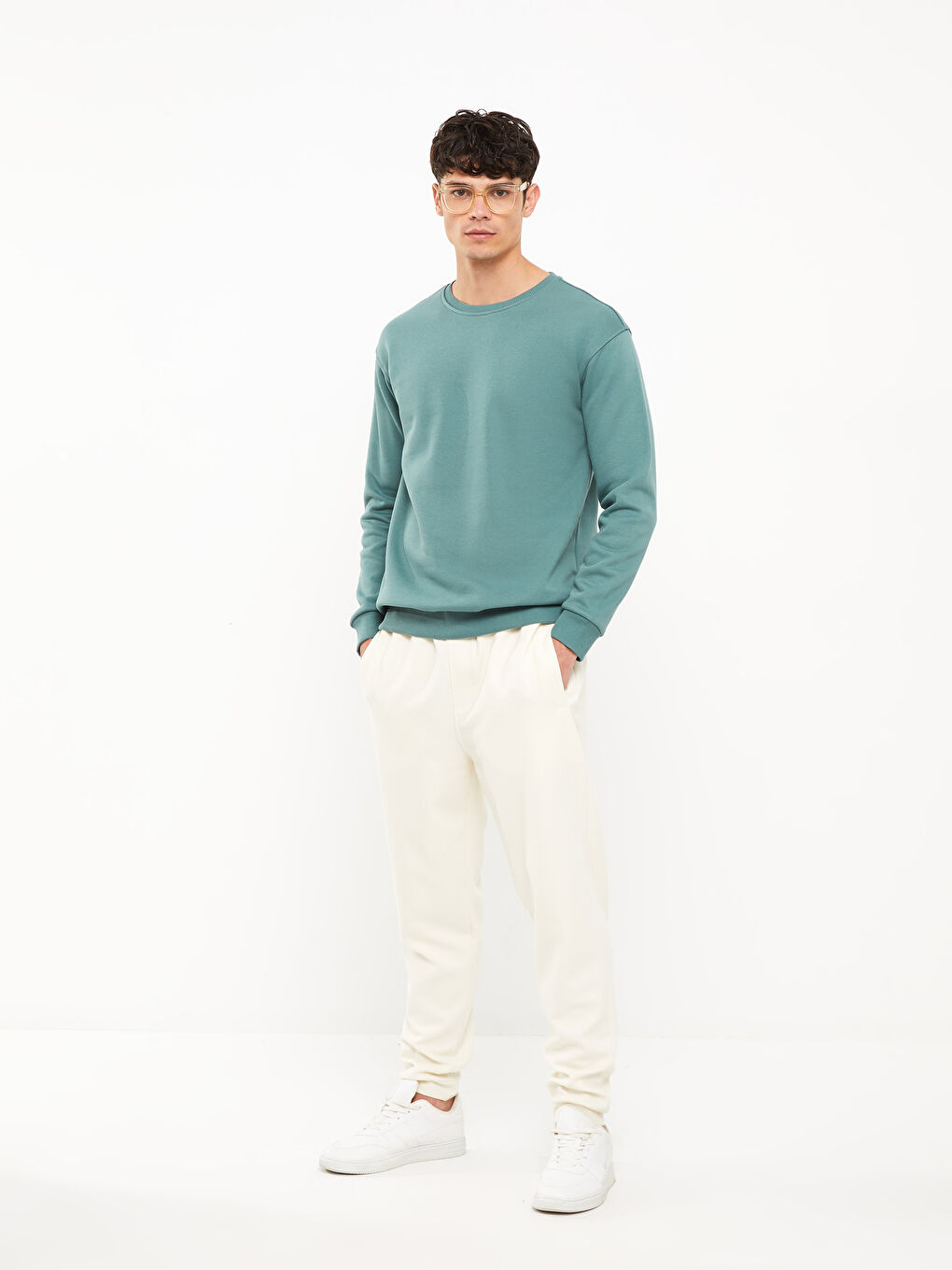 Yeşil Bisiklet Yaka Uzun Kollu Erkek Kalın Sweatshirt-2