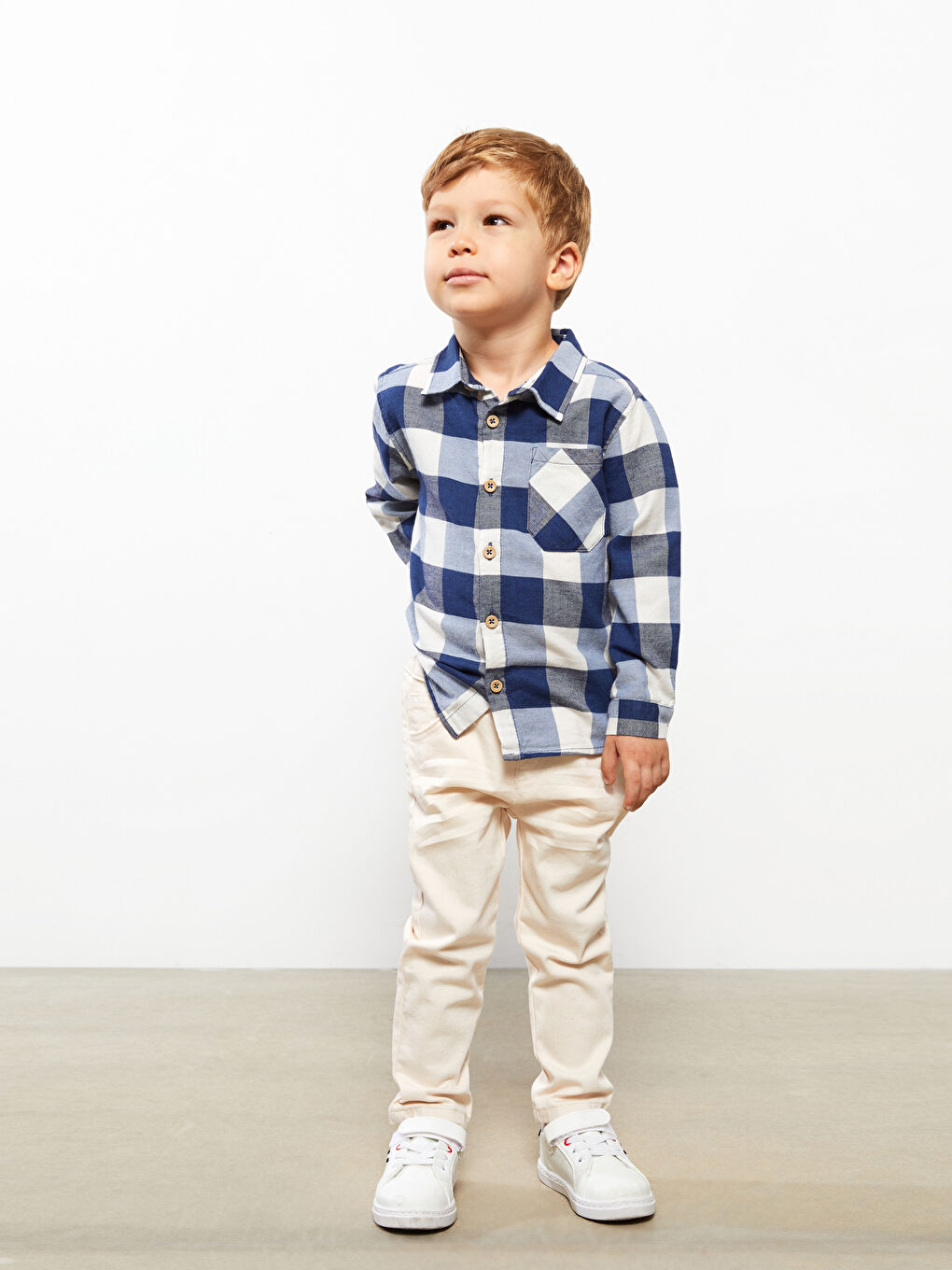 Lacivert Uzun Kollu Ekose Desenli Erkek Bebek Gömlek-1