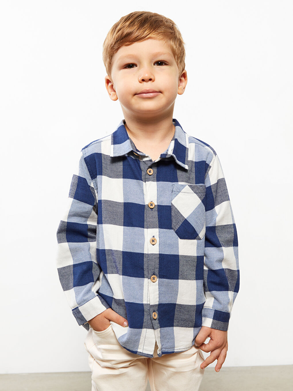 Lacivert Uzun Kollu Ekose Desenli Erkek Bebek Gömlek-2