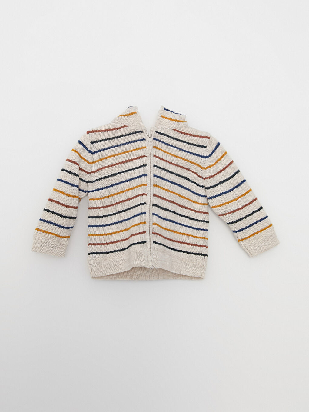 Ekru Kapüşonlu Uzun Kollu Çizgili Erkek Bebek Triko Hırka