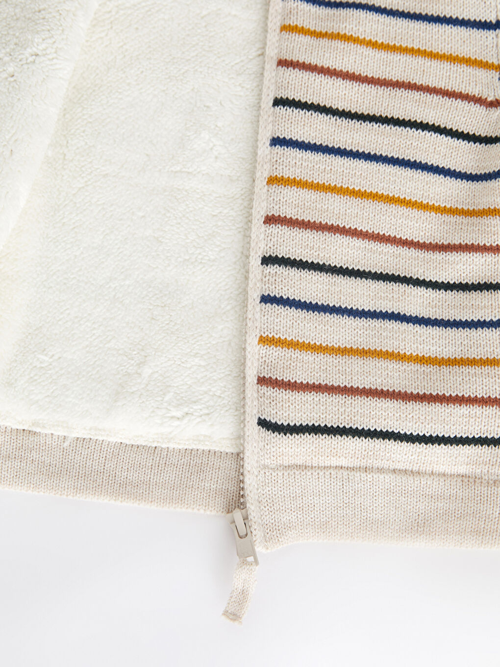 Ekru Kapüşonlu Uzun Kollu Çizgili Erkek Bebek Triko Hırka-1