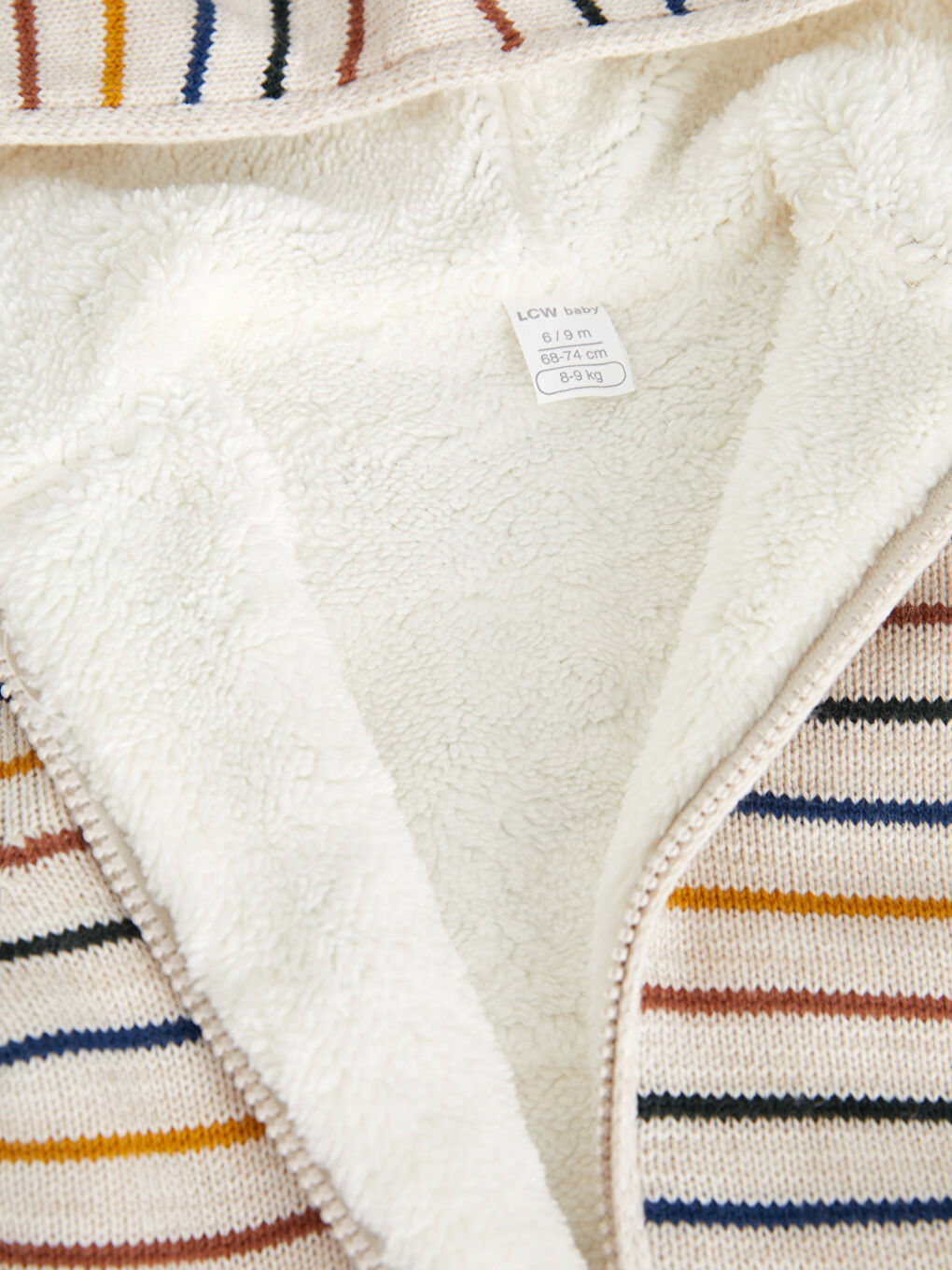 Ekru Kapüşonlu Uzun Kollu Çizgili Erkek Bebek Triko Hırka-2