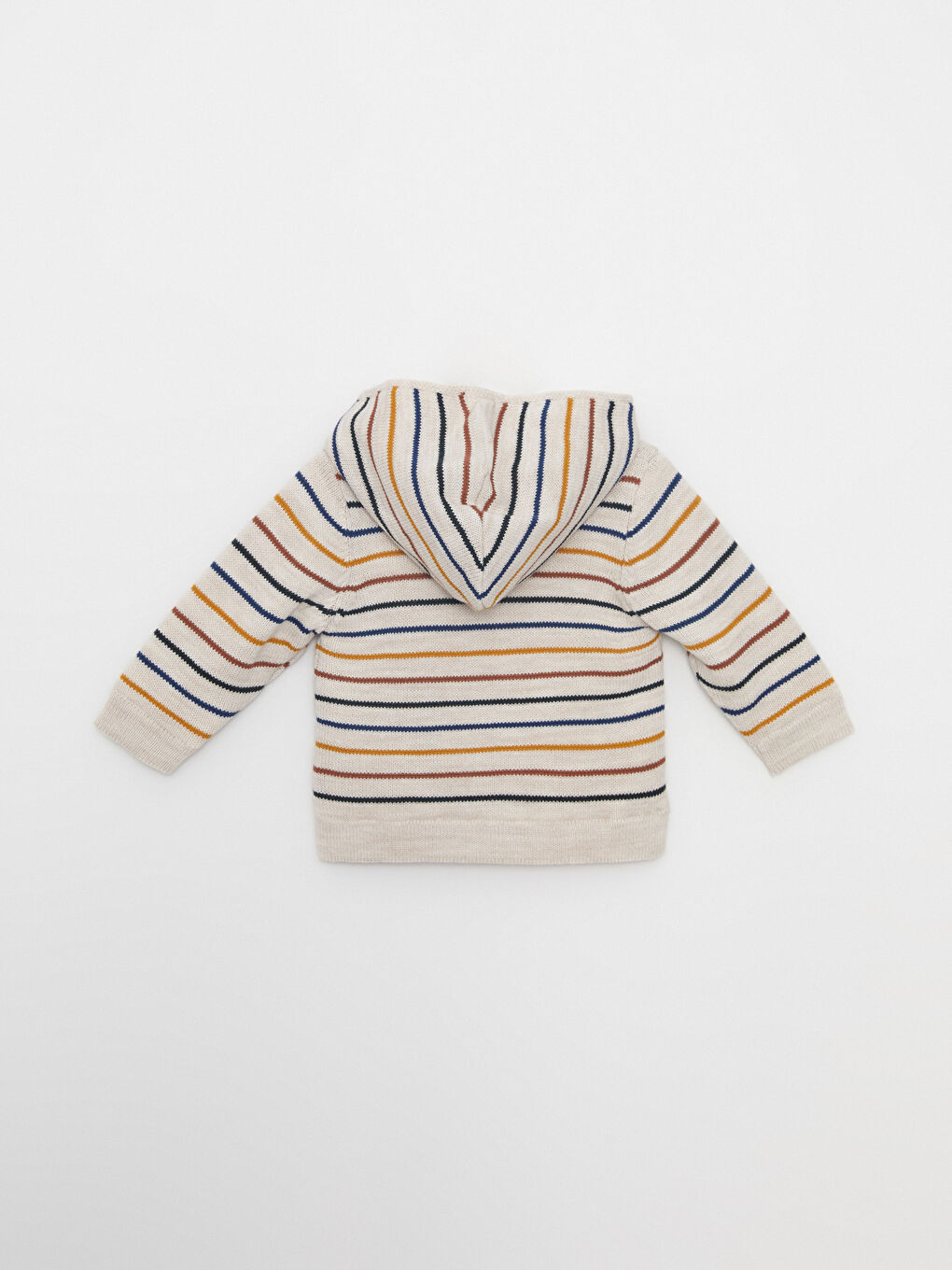 Ekru Kapüşonlu Uzun Kollu Çizgili Erkek Bebek Triko Hırka-3