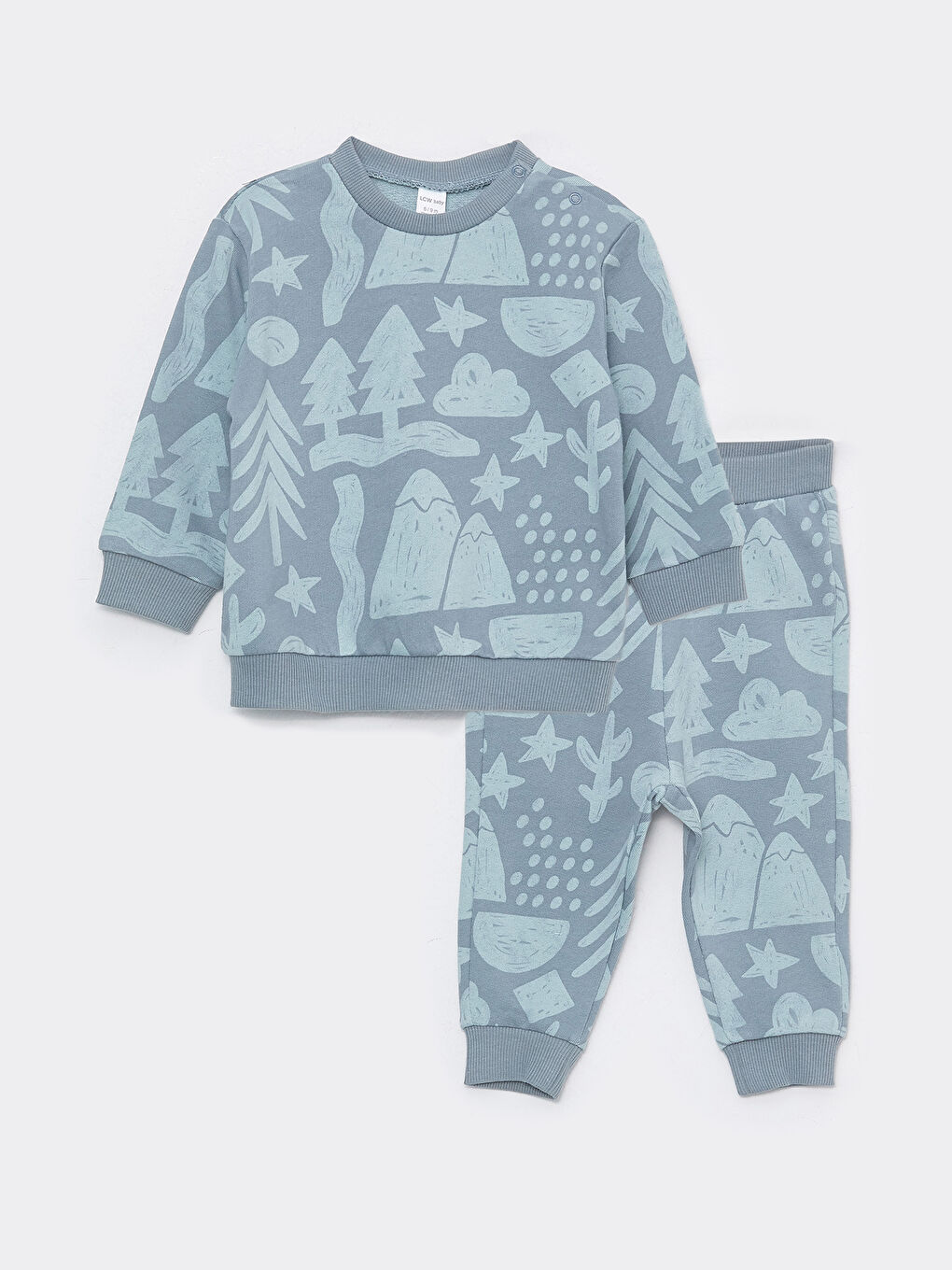 Mavi Bisiklet Yaka Uzun Kollu Baskılı Pamuklu Erkek Bebek Sweatshirt ve Pantolon 2'li Takım