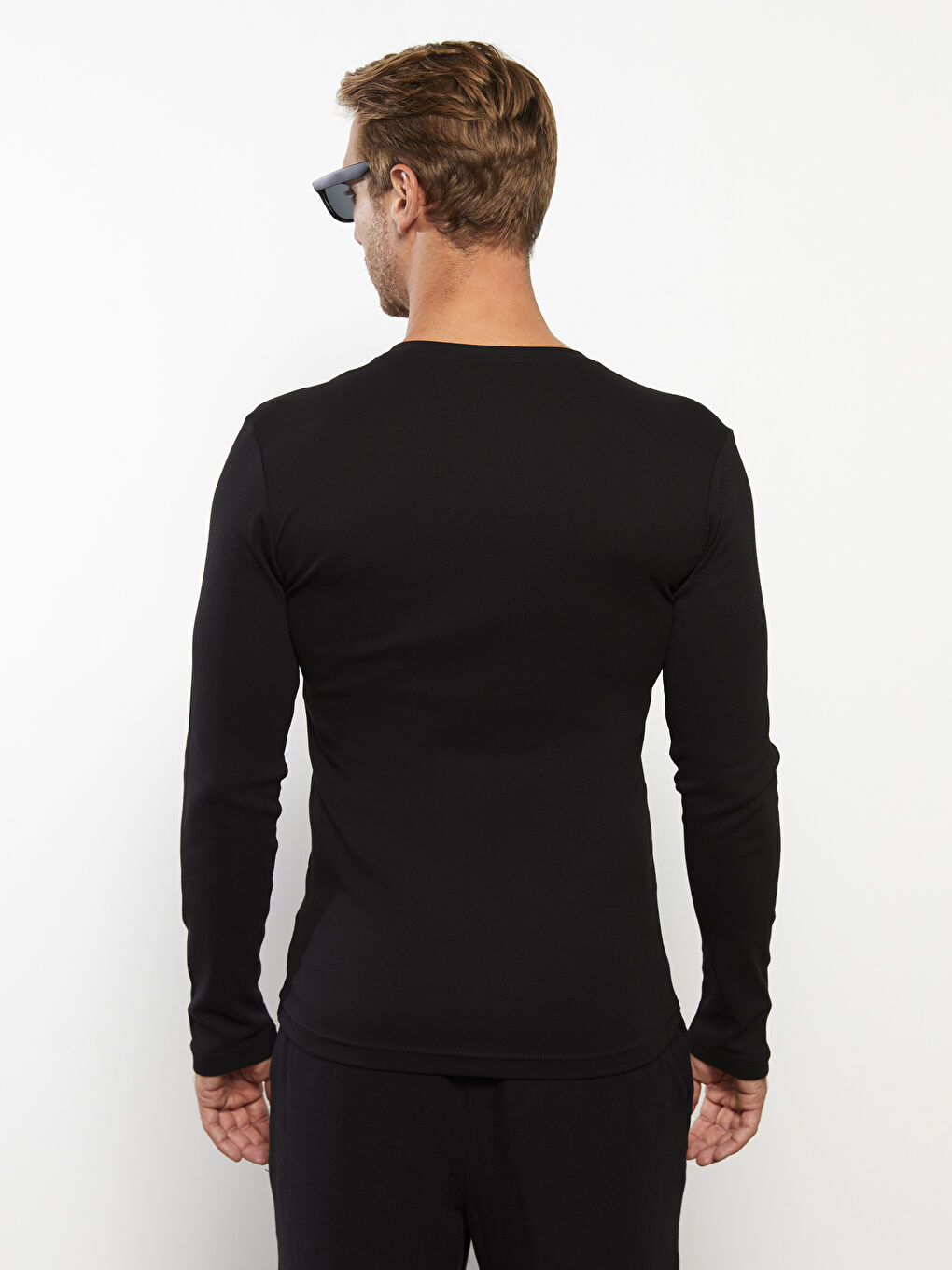 Siyah V Yaka Uzun Kollu Penye Erkek Tişört-4