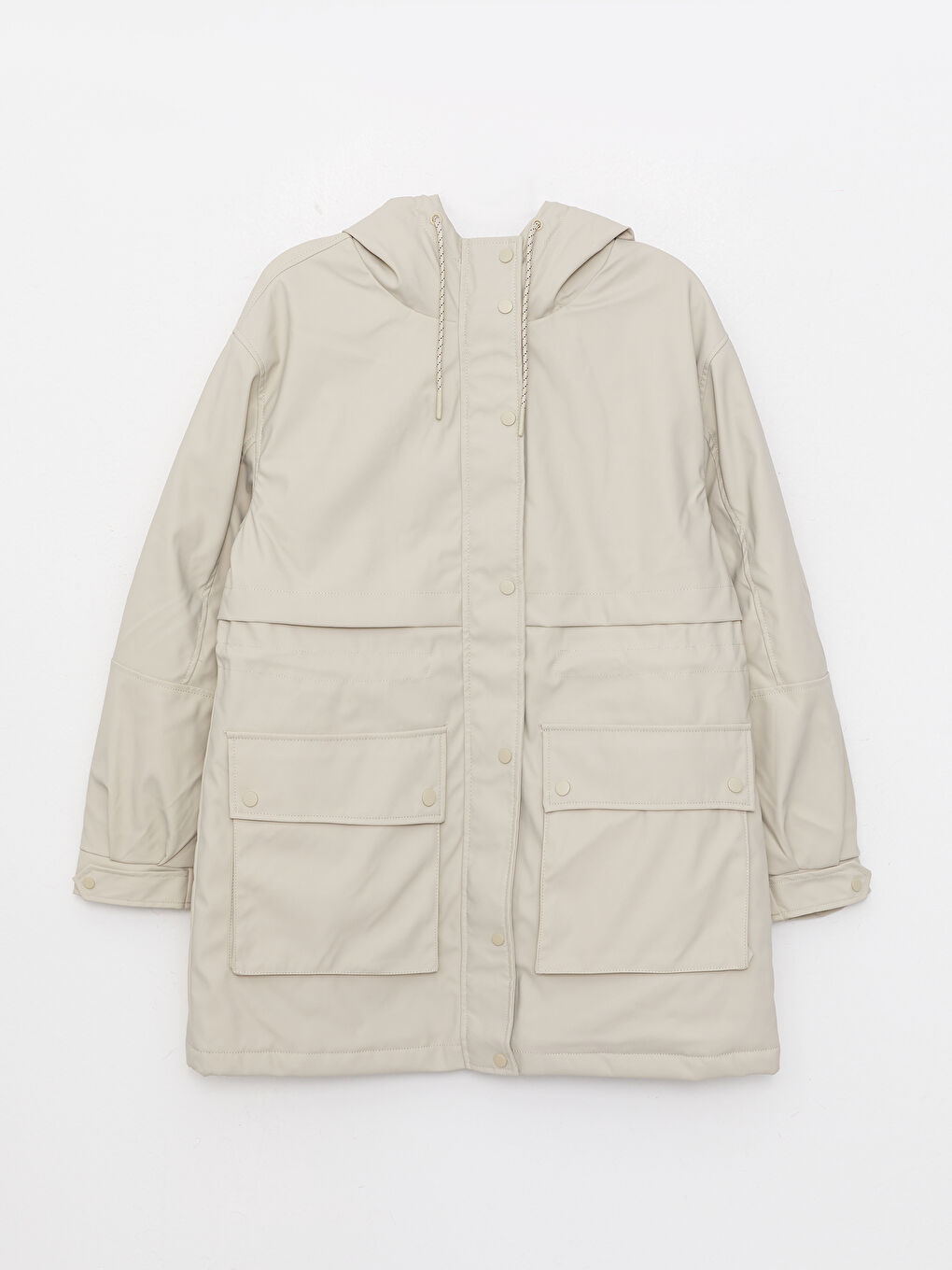 Bej Kadın Kapüşonlu Düz Parka-6