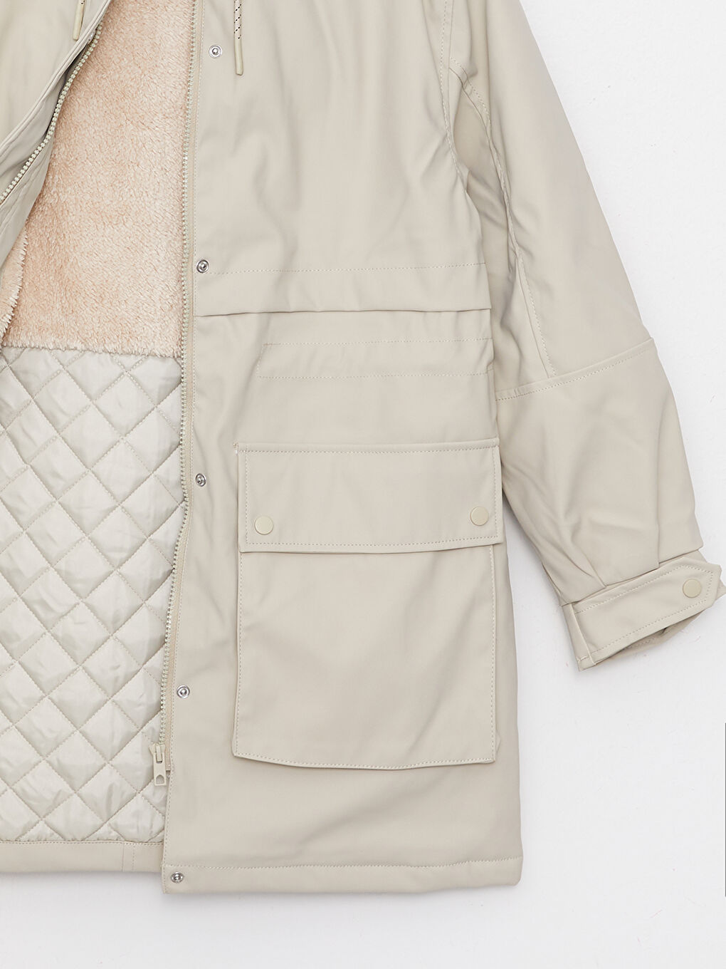 Bej Kadın Kapüşonlu Düz Parka-8