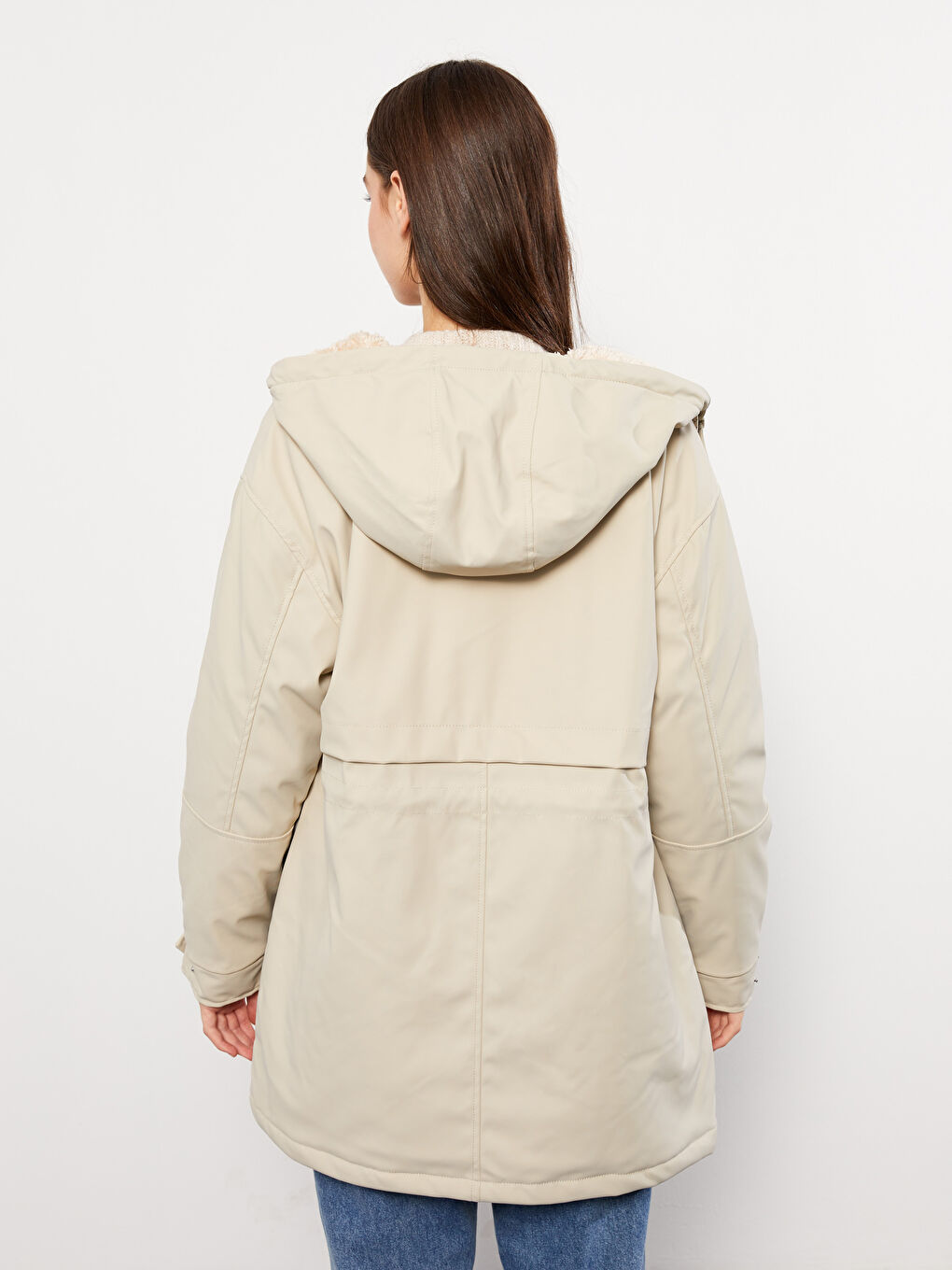 Bej Kadın Kapüşonlu Düz Parka-5