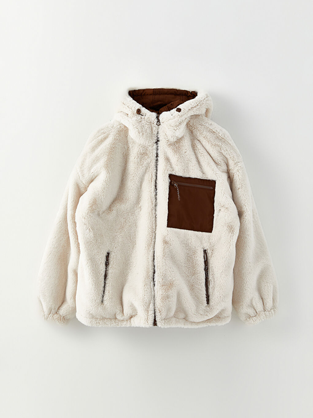 Kahverengi Kapüşonlu Düz Uzun Kollu Cep Detaylı Çift Taraflı Kadın Mont-1