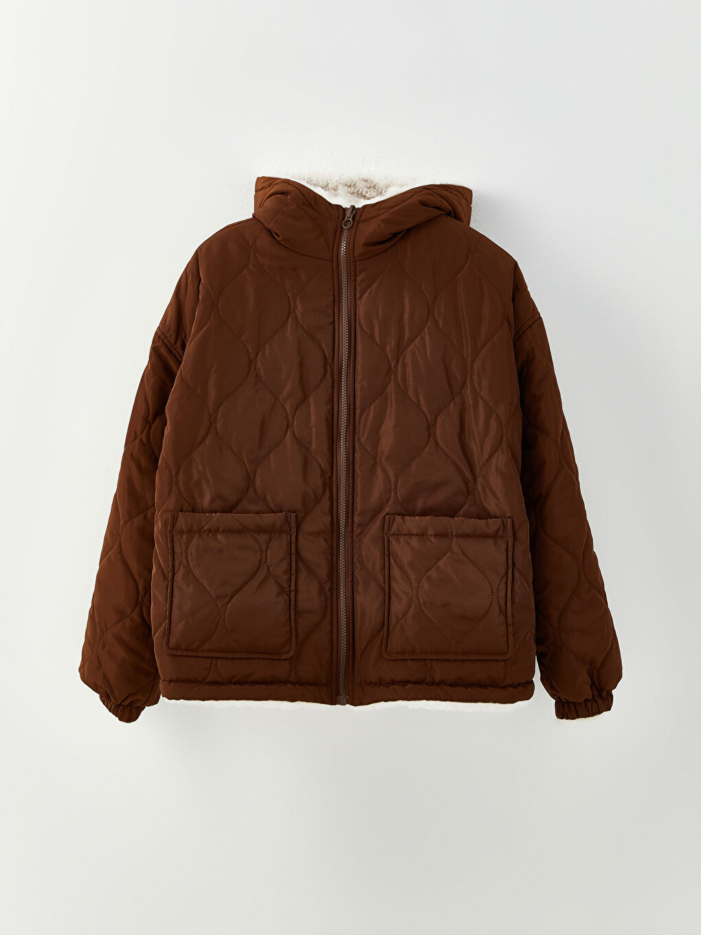 Kahverengi Kapüşonlu Düz Uzun Kollu Cep Detaylı Çift Taraflı Kadın Mont-3