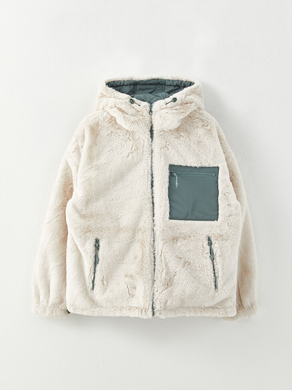 Haki Kapüşonlu Düz Uzun Kollu Cep Detaylı Çift Taraflı Kadın Mont-7