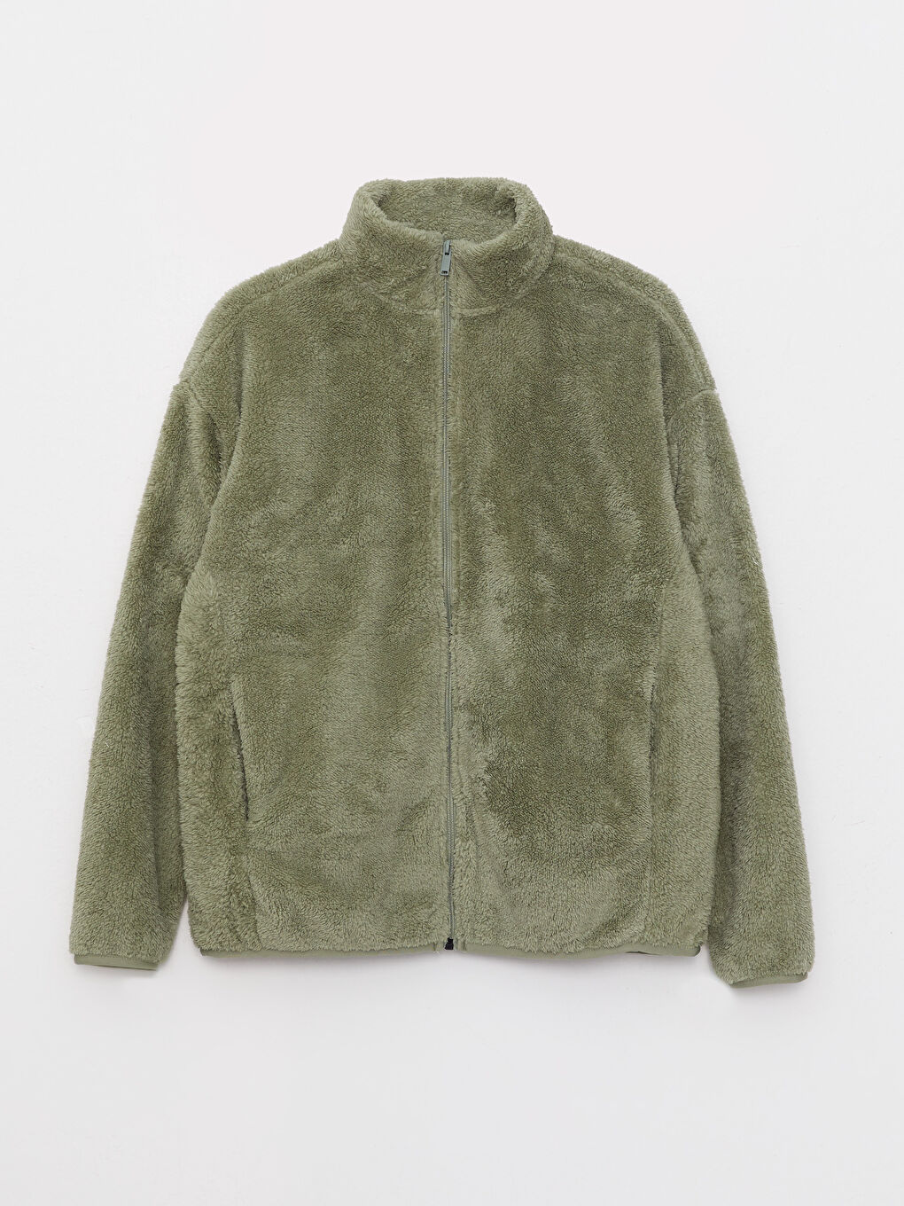 Yeşil Dik Yaka Düz Uzun Kollu Polar Kadın Spor Hırka-5