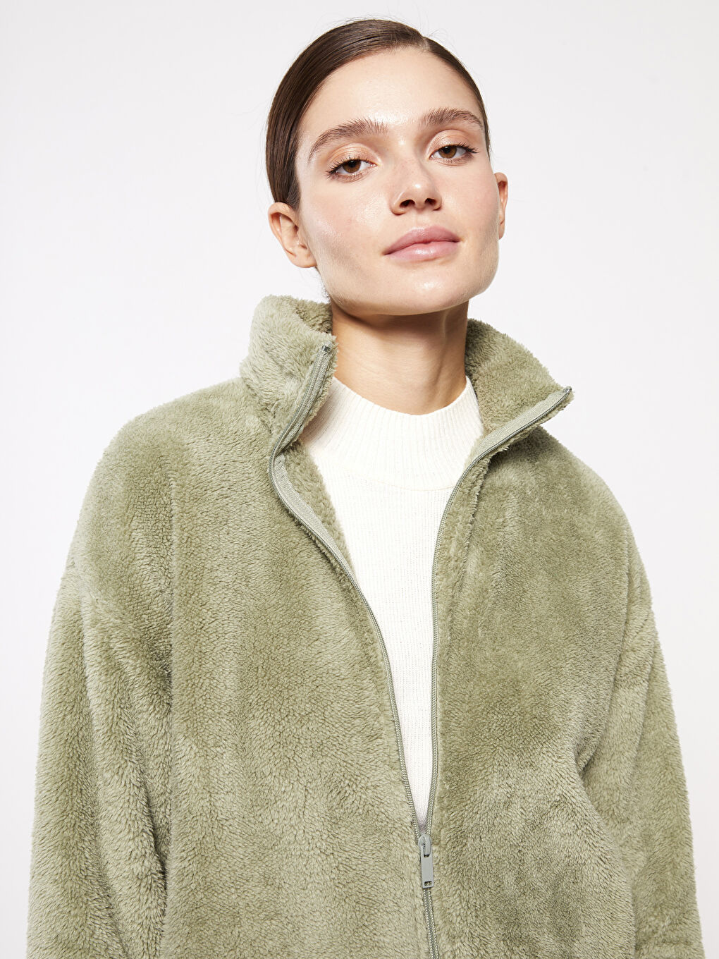 Yeşil Dik Yaka Düz Uzun Kollu Polar Kadın Spor Hırka-1