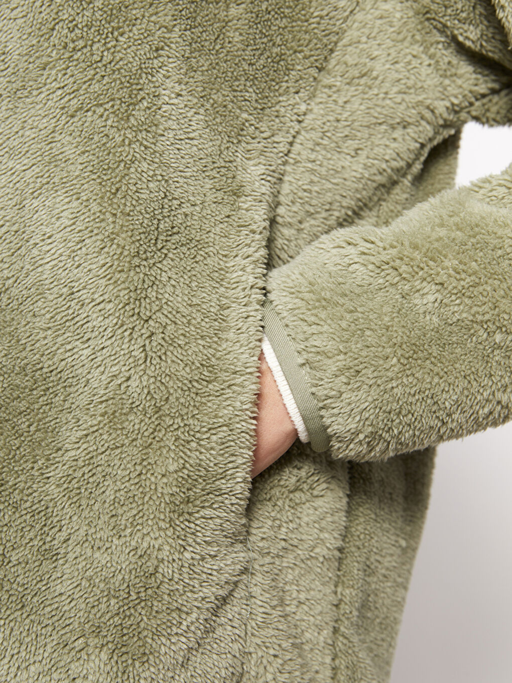 Yeşil Dik Yaka Düz Uzun Kollu Polar Kadın Spor Hırka-3