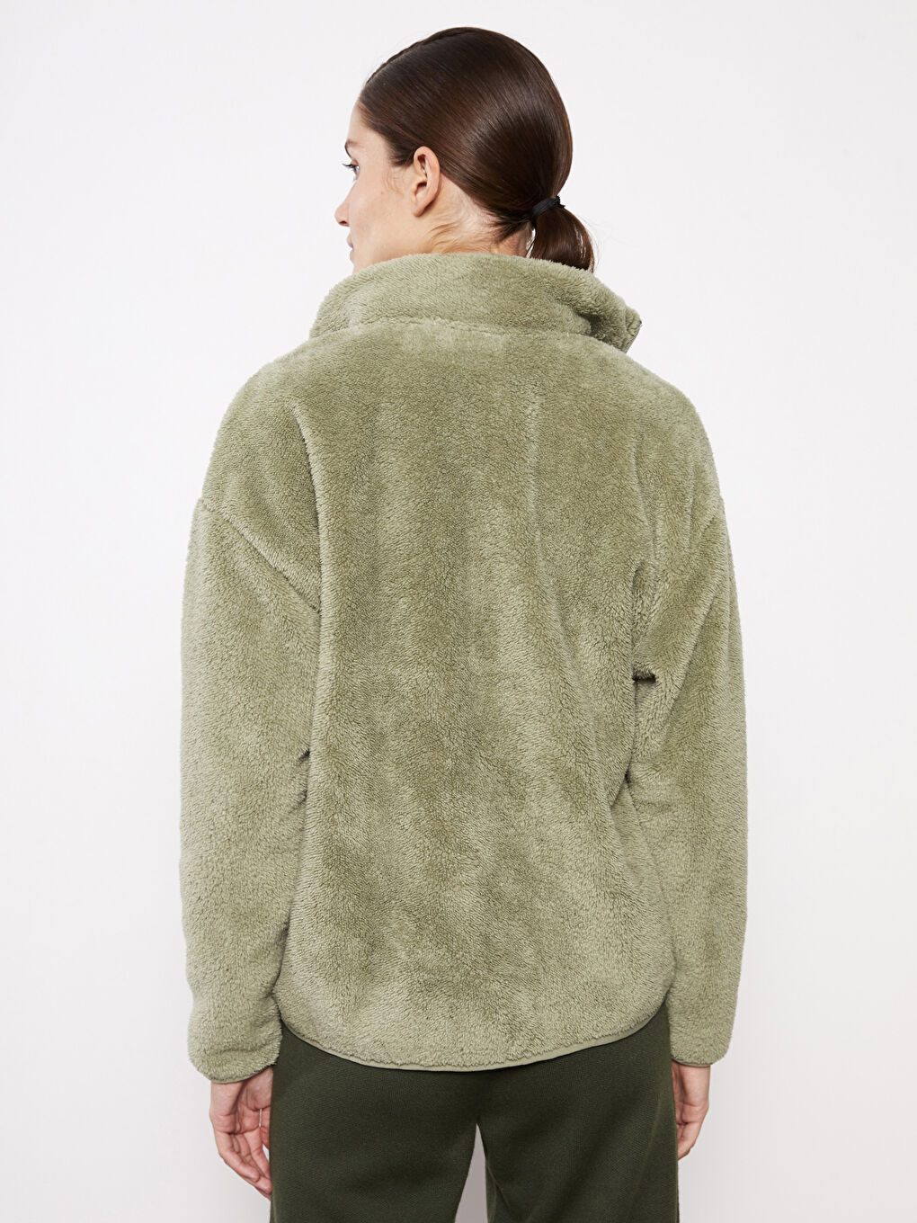 Yeşil Dik Yaka Düz Uzun Kollu Polar Kadın Spor Hırka-4