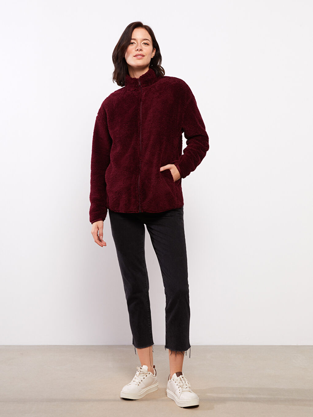 Bordo Dik Yaka Düz Uzun Kollu Polar Kadın Spor Hırka