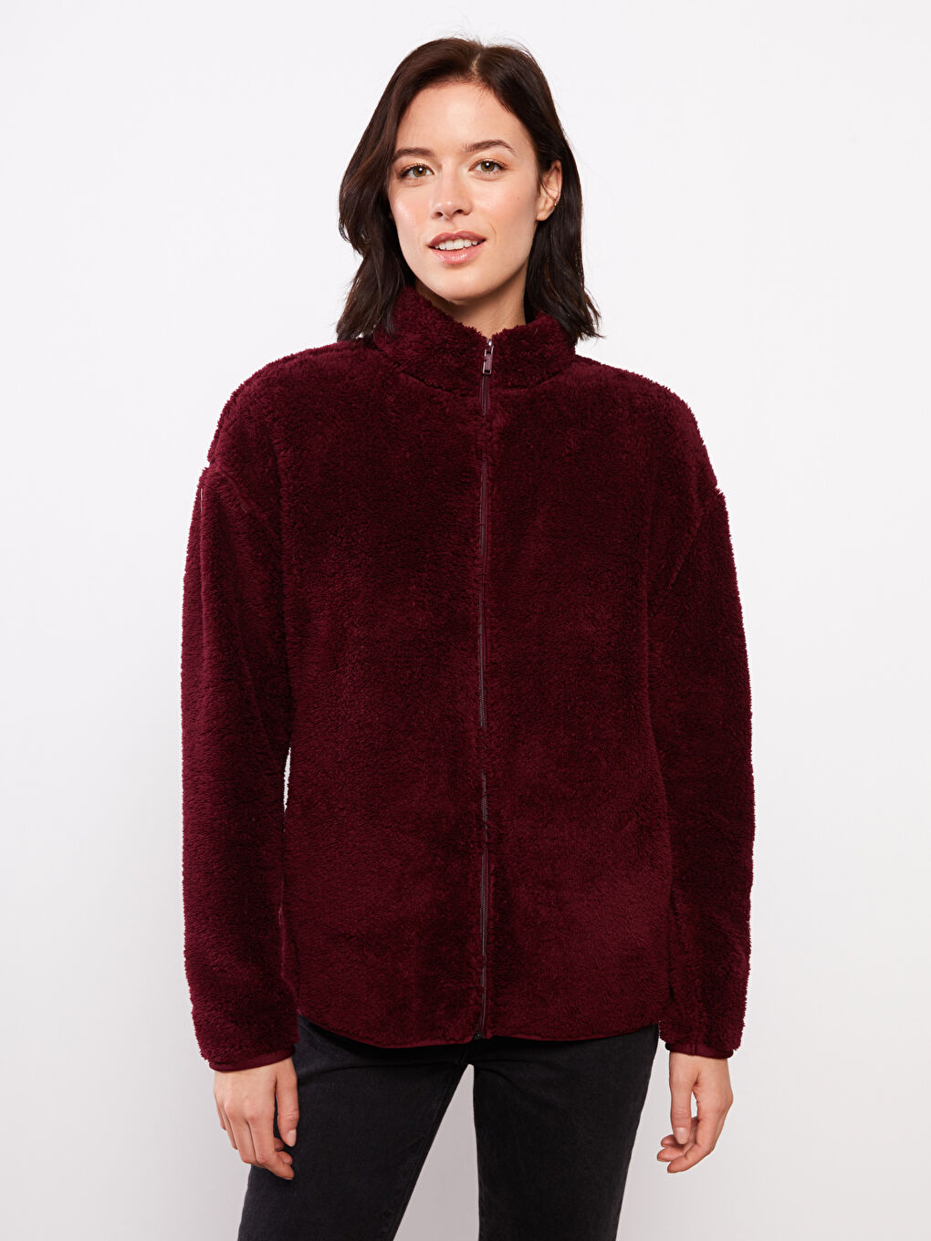 Bordo Dik Yaka Düz Uzun Kollu Polar Kadın Spor Hırka-1